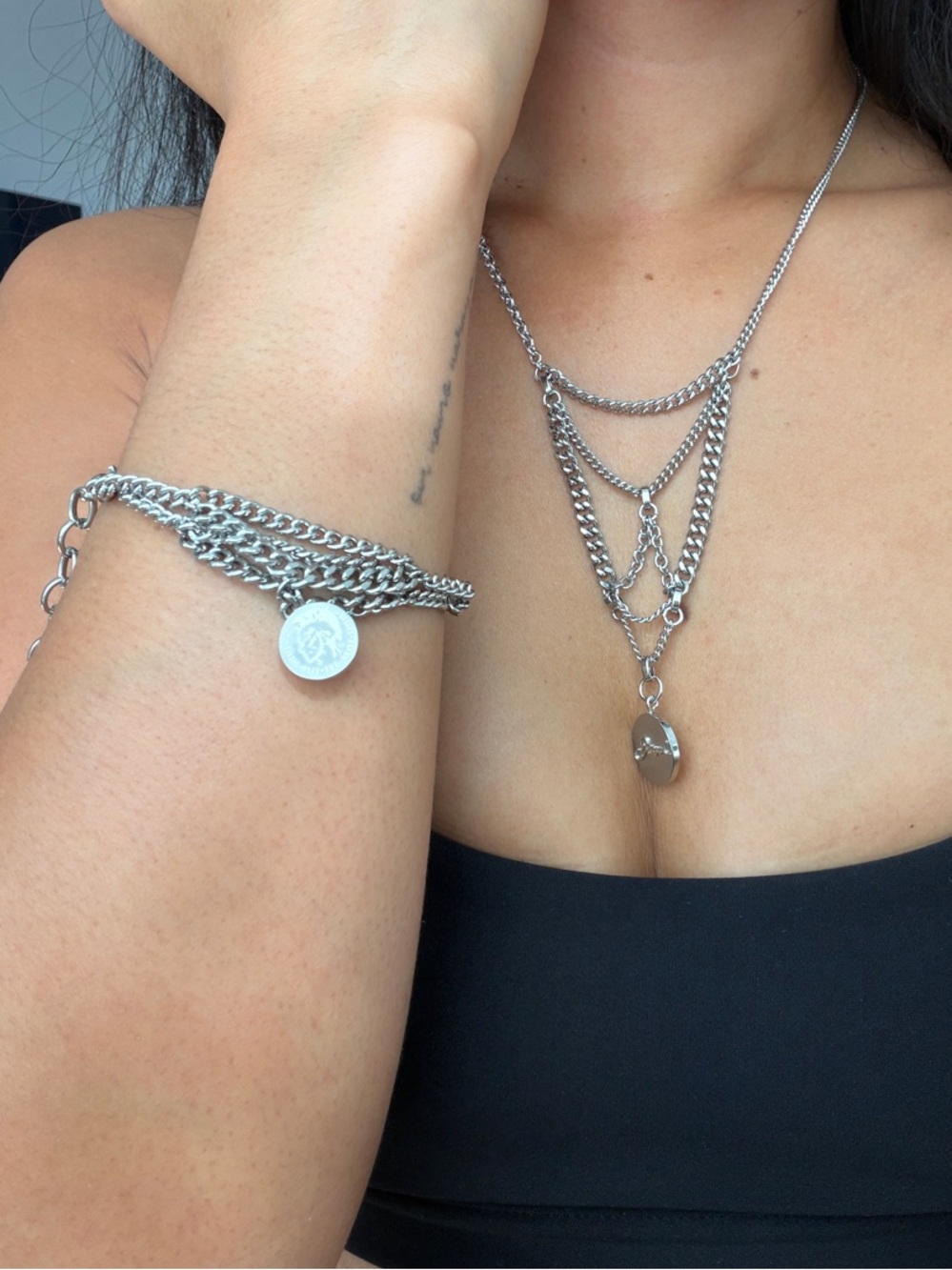 Diesel NWT Layered Silver-Tone Multi Chain Necklace with Coin Pendant & Bracelet